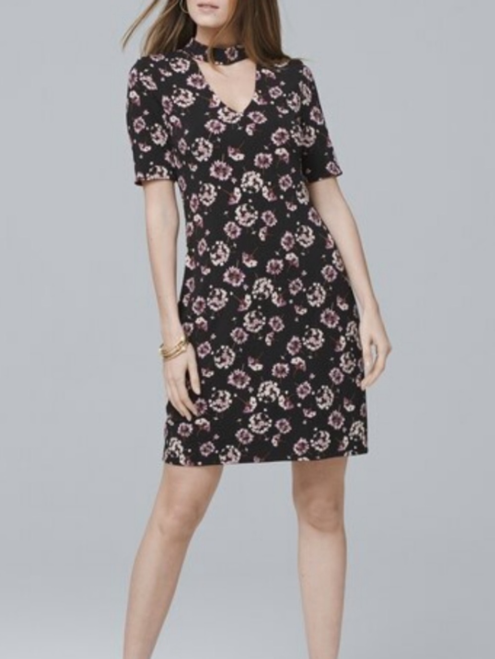 White House Black Market Reversible Choker Shift Dress Floral Plum Purple Size S
